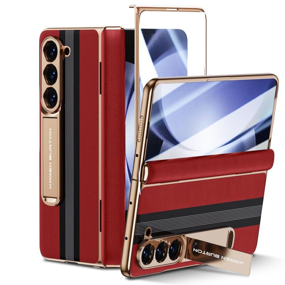 Galaxy Z Fold 5 Genuine Leather Case Hinge Protection Kickstand Red